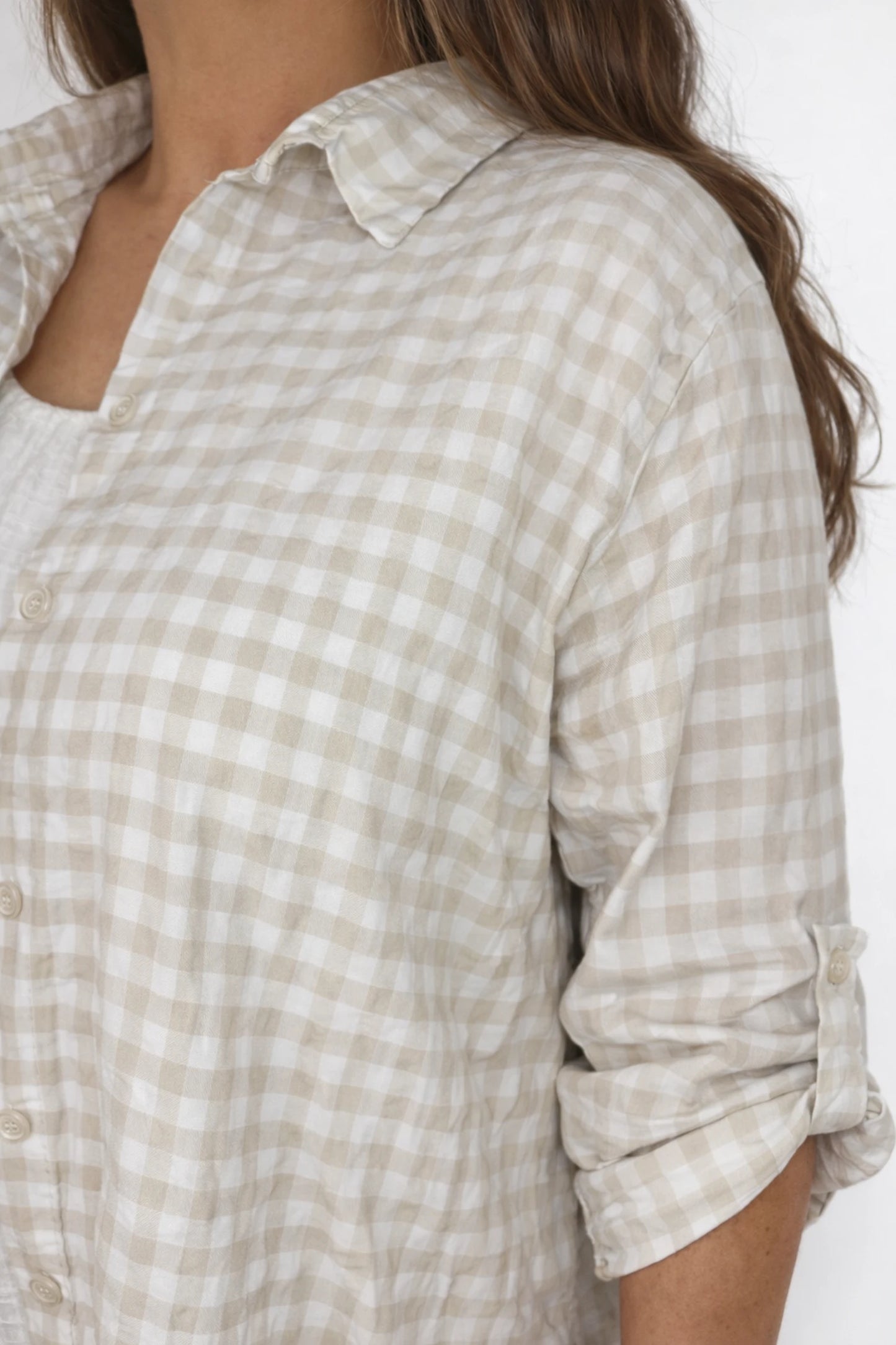Cotton Button Sleeve Gingham Roxy Shirt - Beige