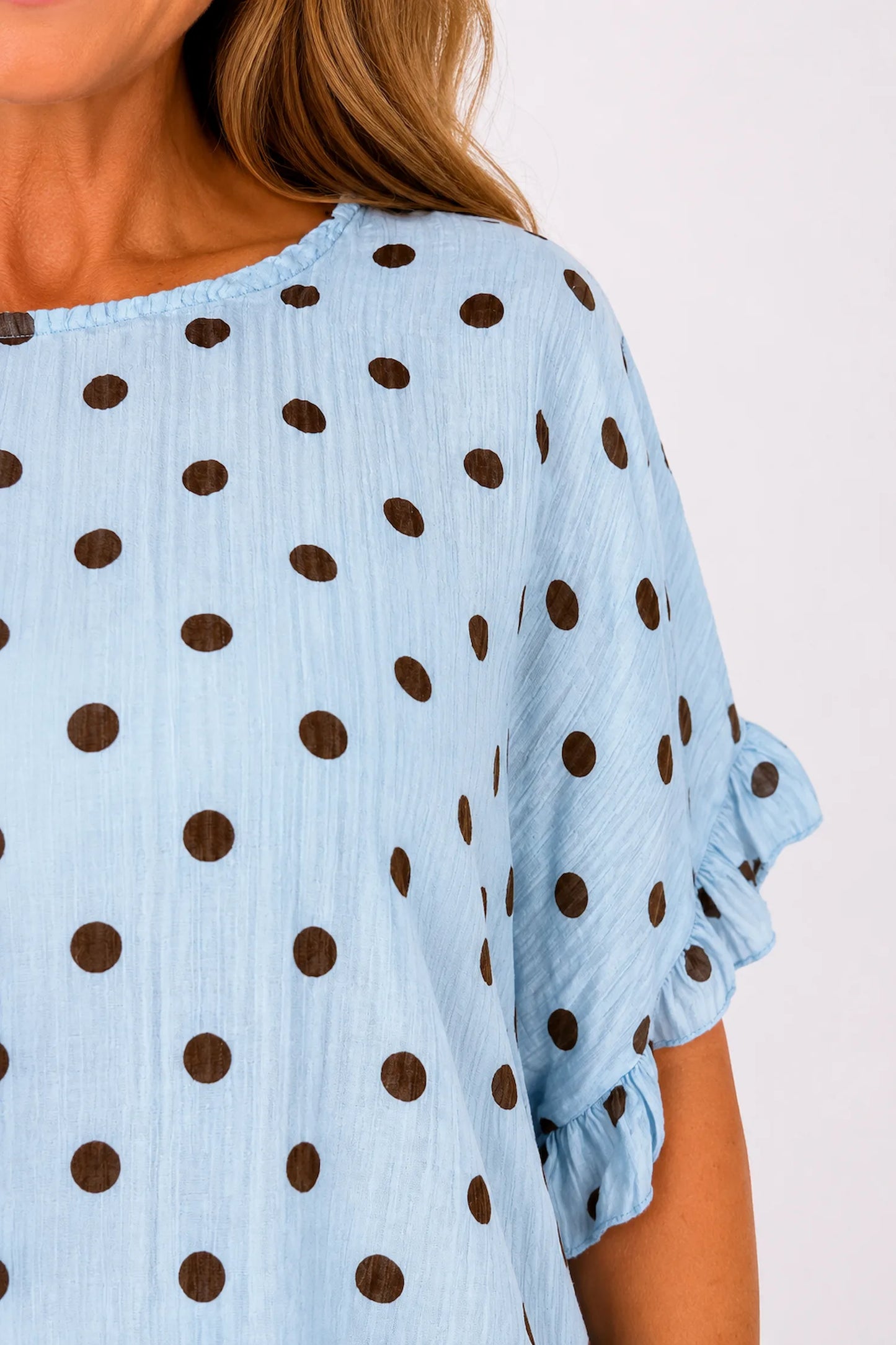Polka Dot Frill Sleeve Soft Stitch Allegra Top - Baby Blue