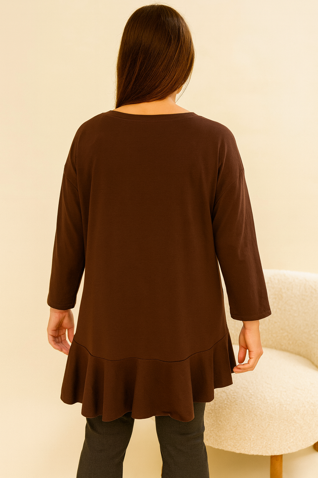 Cotton Raw Edge Frill Hem Veronica Top - Chocolate