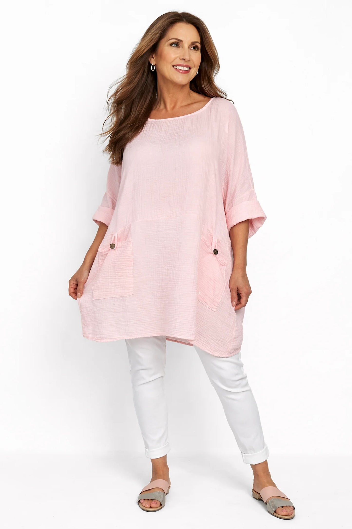 Bubble Cotton Double Button Pocket Tunic Top - Baby Pink