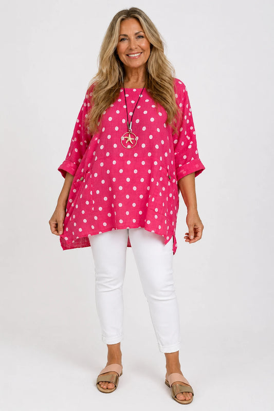 Pure Cotton Double Button Pocket Calista Polka Dot Necklace Top - Watermelon Sorbet