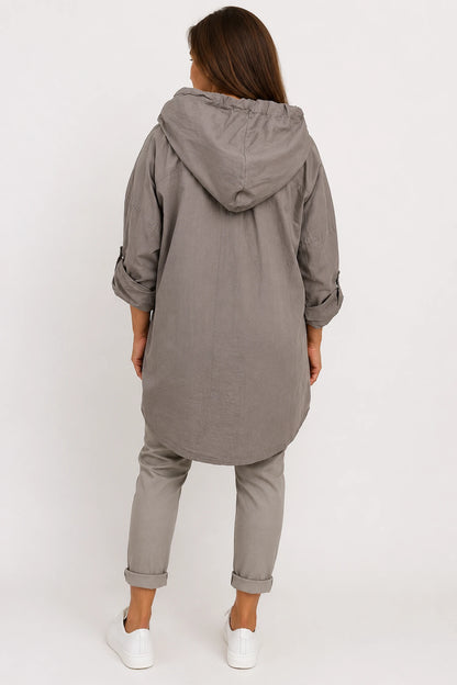Cotton Double Flap Pocket Button Sleeve Izzy Hooded Overshirt - Mocha