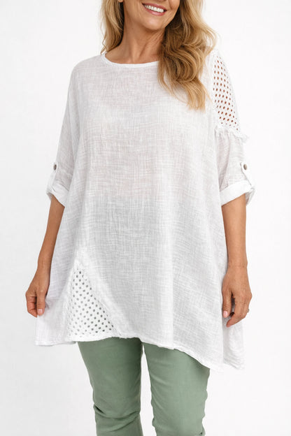 Linen Look Pure Cotton Crochet Detail Button Sleeve Briosa Top - White