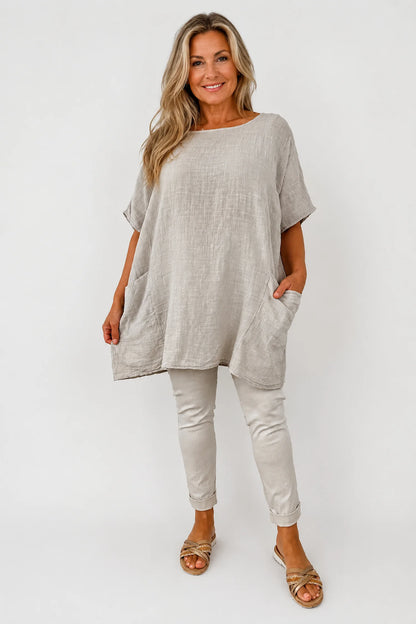 Pure Cotton Double Pocket Coté Tunic Top - Beige