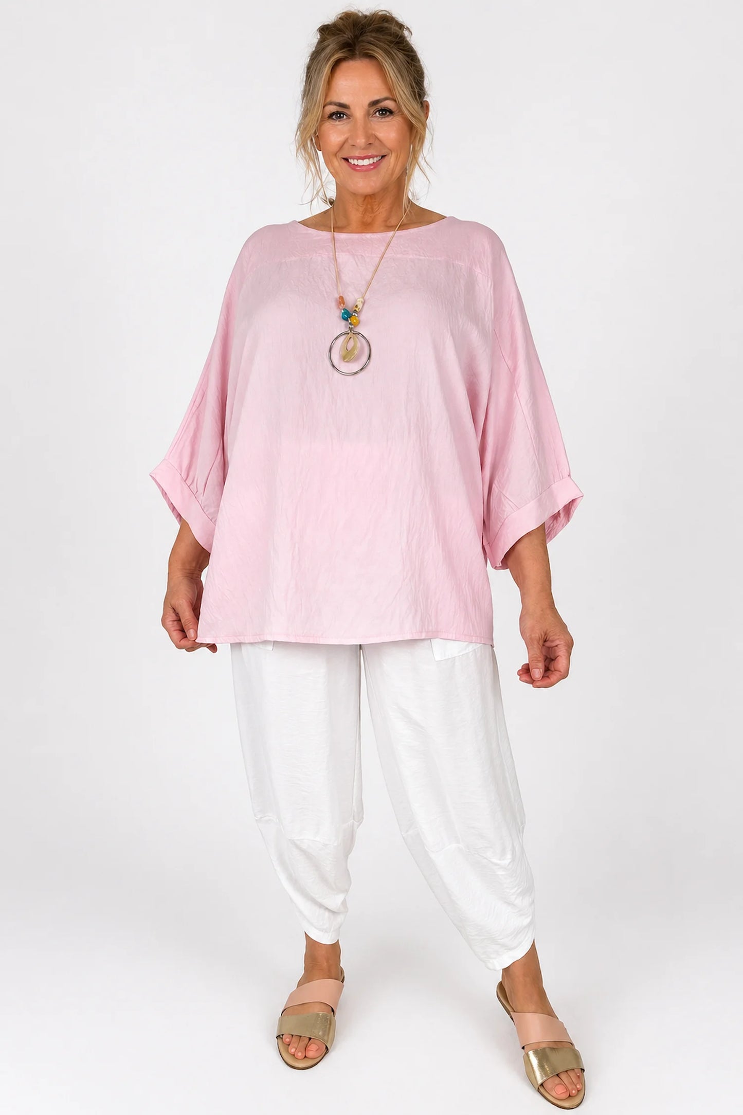 Relaxed Oversized Summer Flow Necklace Top - Baby Pink
