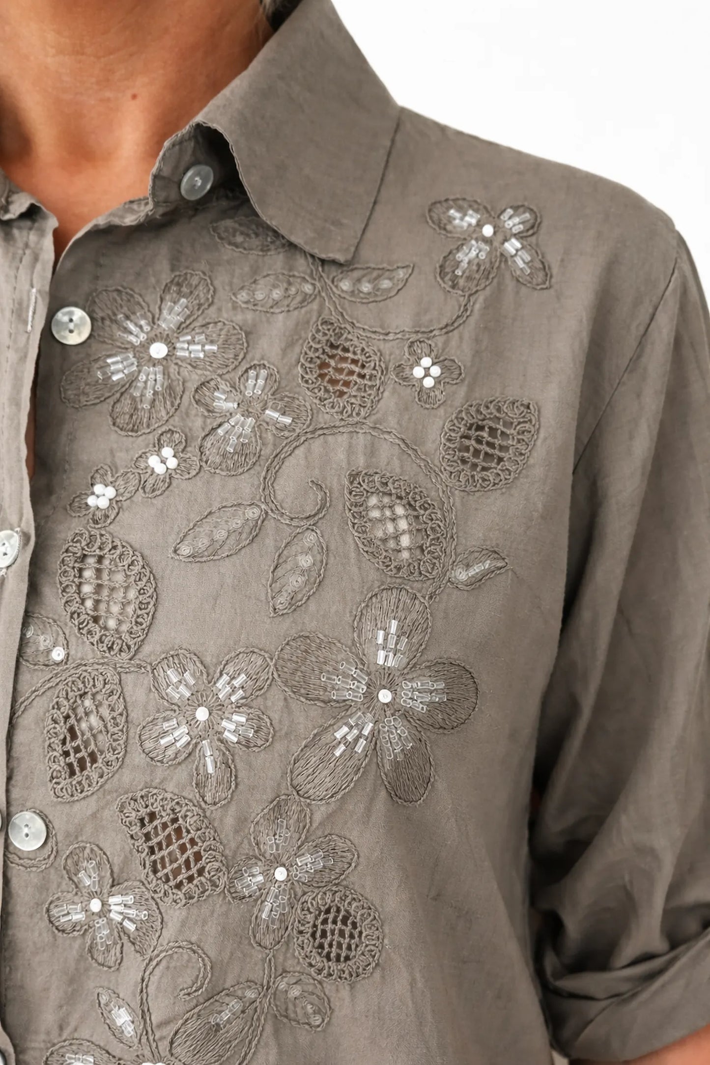 Cotton Embroidered Sequin Floral Button Sleeve Bella Lune Shirt - Mocha