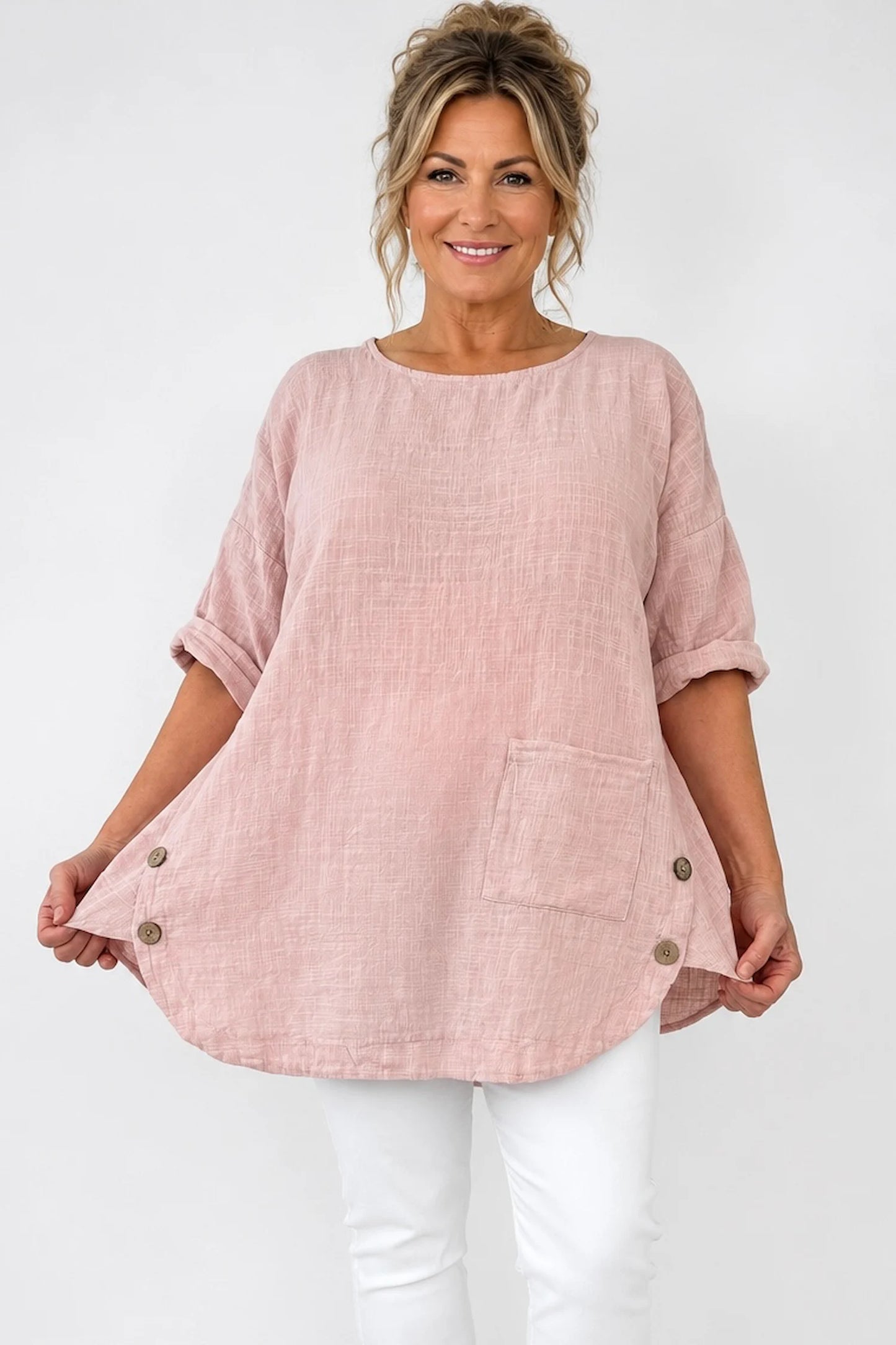 Linen Look Pure Cotton Button Detail Pocket Venice Top - Rosewood Pink
