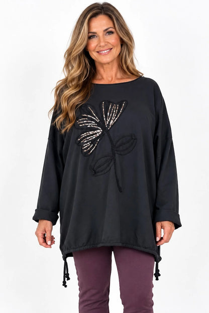 Cotton Embroidered Gold Sequin Floral Manica Tied Hem Top - Black