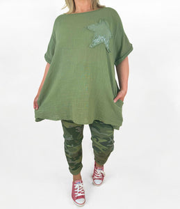 Pure Cotton Double Pocket Siana Sparkle Star Top - Khaki