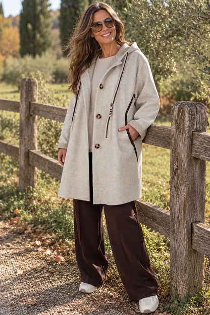 Viera Contrast Trim Double Pocket Drawstring Hooded Button Coat - Beige
