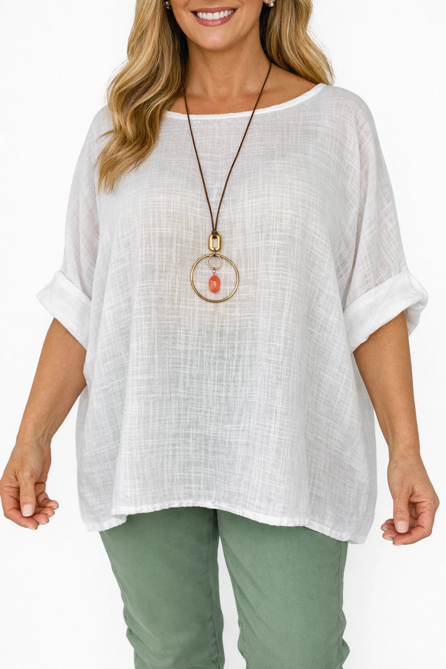 Pure Cotton Linen Look Italia Necklace Top - White