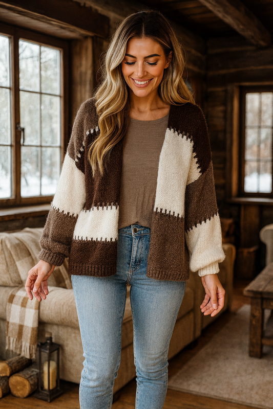 Wool Mix Premium Knit Roxy Cardigan - Chocolate/Beige/Mocha