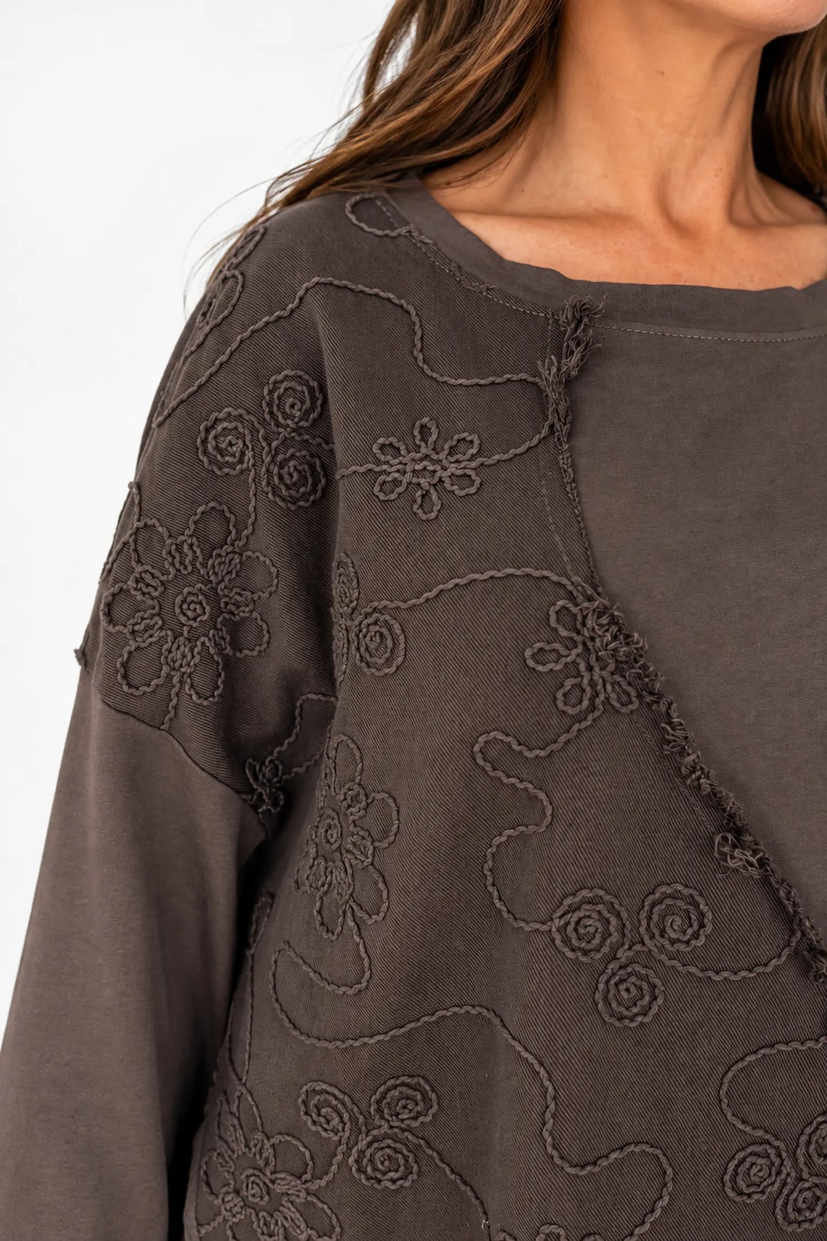 Cotton Raw Edge Hem Embroidery Anglaise Detail Crochet Shoulder Bellia Pocket Top - Chocolate
