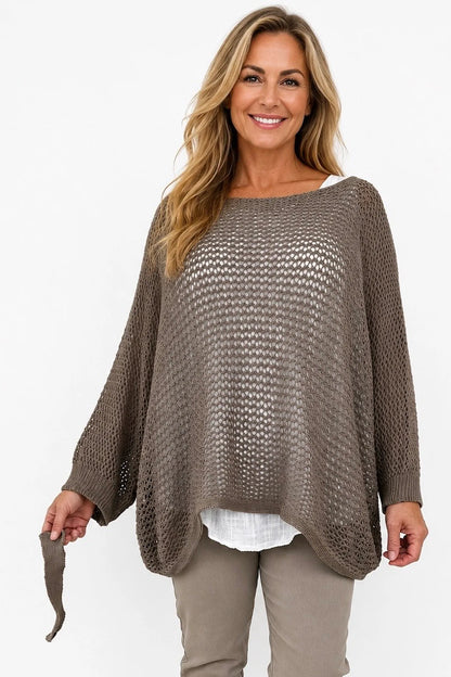 Pure Cotton Removable Tie Alexandra Batwing Crochet Top - Mocha