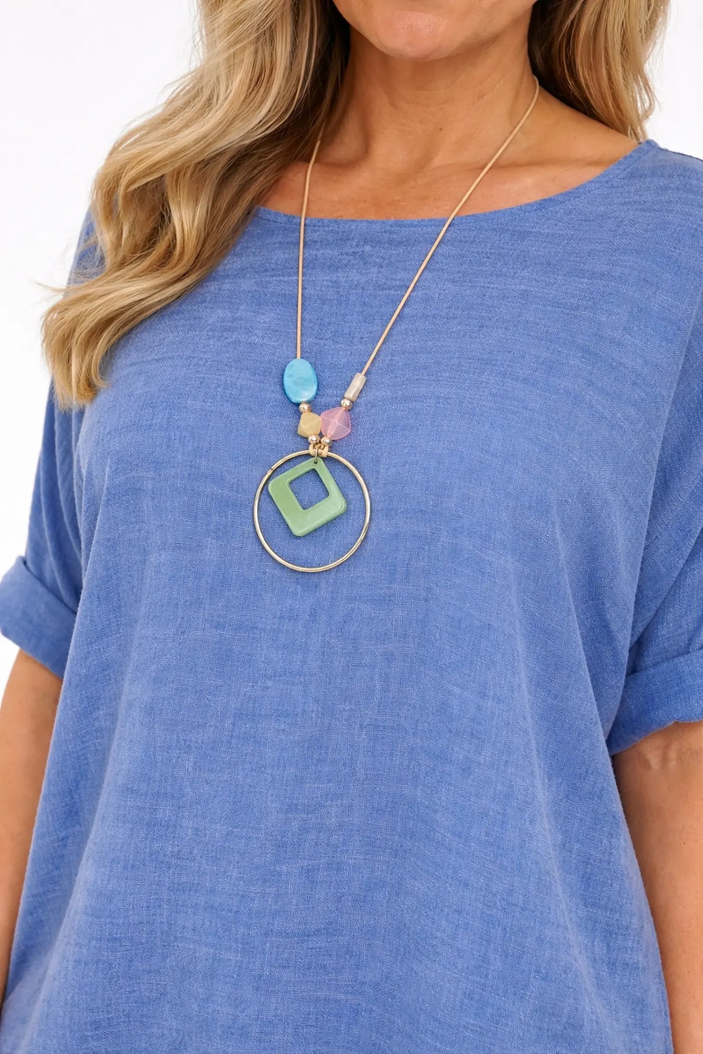 Linen Cotton Mix Azuria Necklace Top - Washed Denim