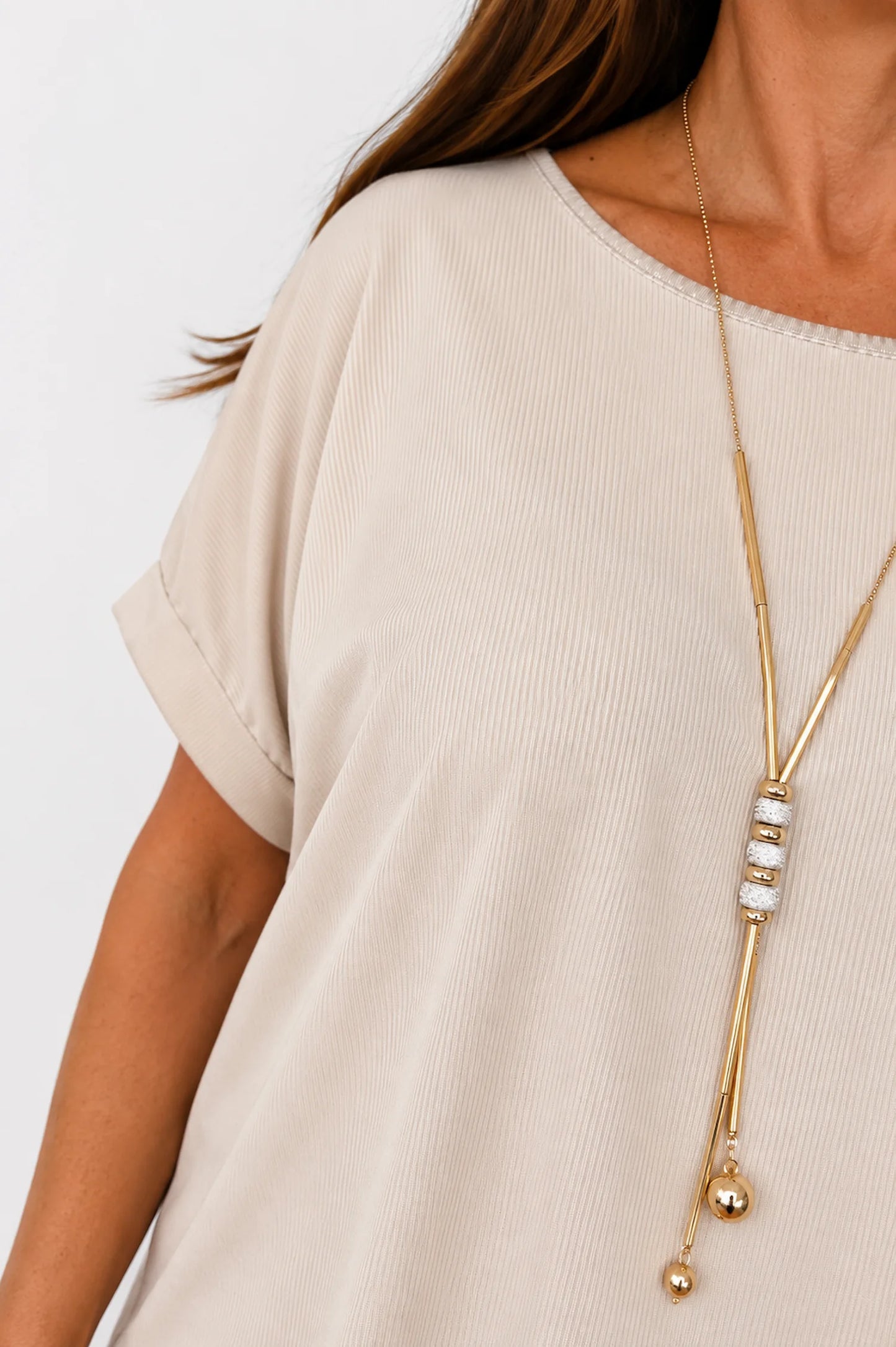 Fine Ribbed Gold Trim Sophia Necklace Top - Beige