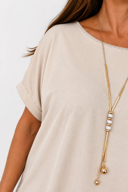 Fine Ribbed Gold Trim Sophia Necklace Top - Beige