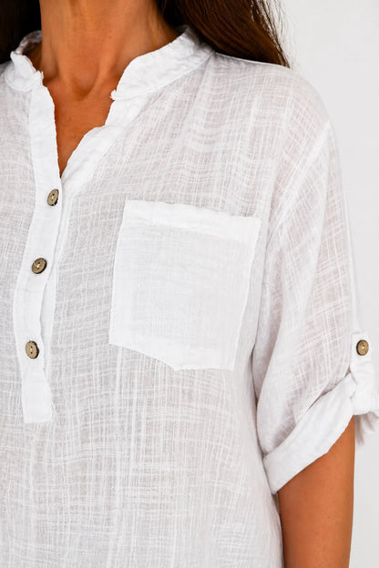 Linen Look Pure Cotton Pocket Detail Button Sleeve Calilla Button Shirt - White