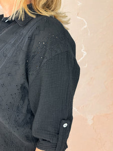 Pure Bubble Cotton Button Sleeve Embroidery Anglaise Cruze Shirt - Black