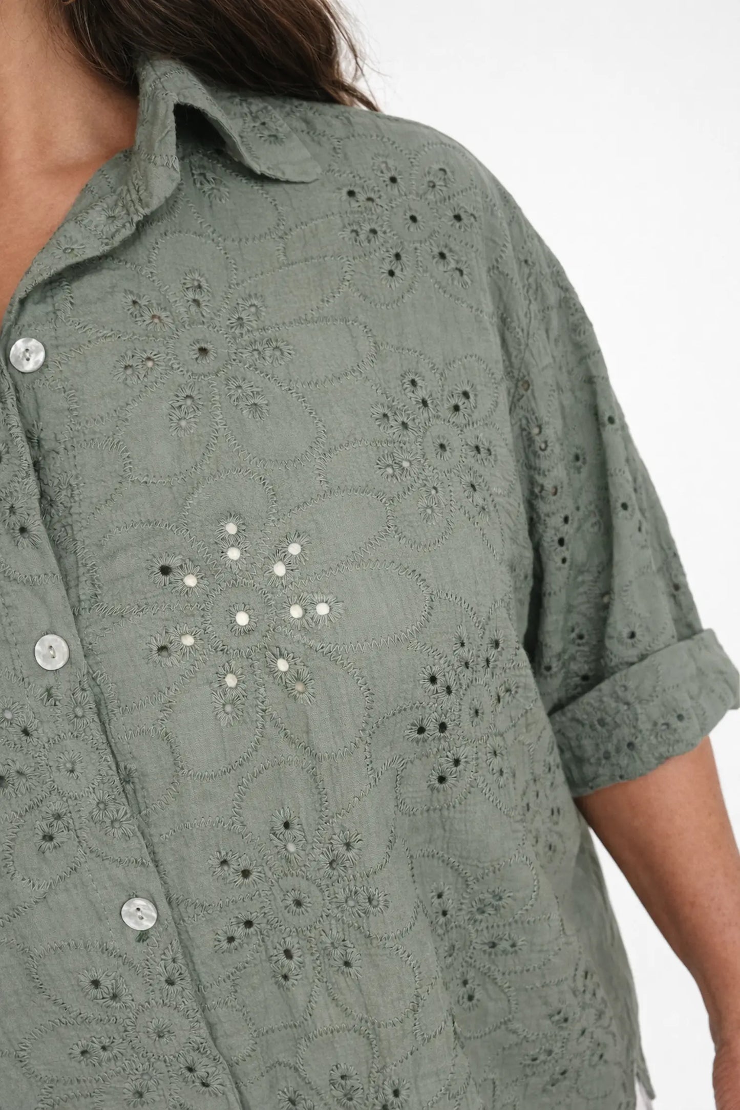 Cotton Embroidery Anglaise Crochet Detail Carlotta Button Shirt - Khaki