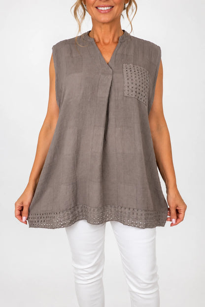 Pure Cotton Mesh Detail Rosetta Pocket Cap Sleeve Top - Mocha