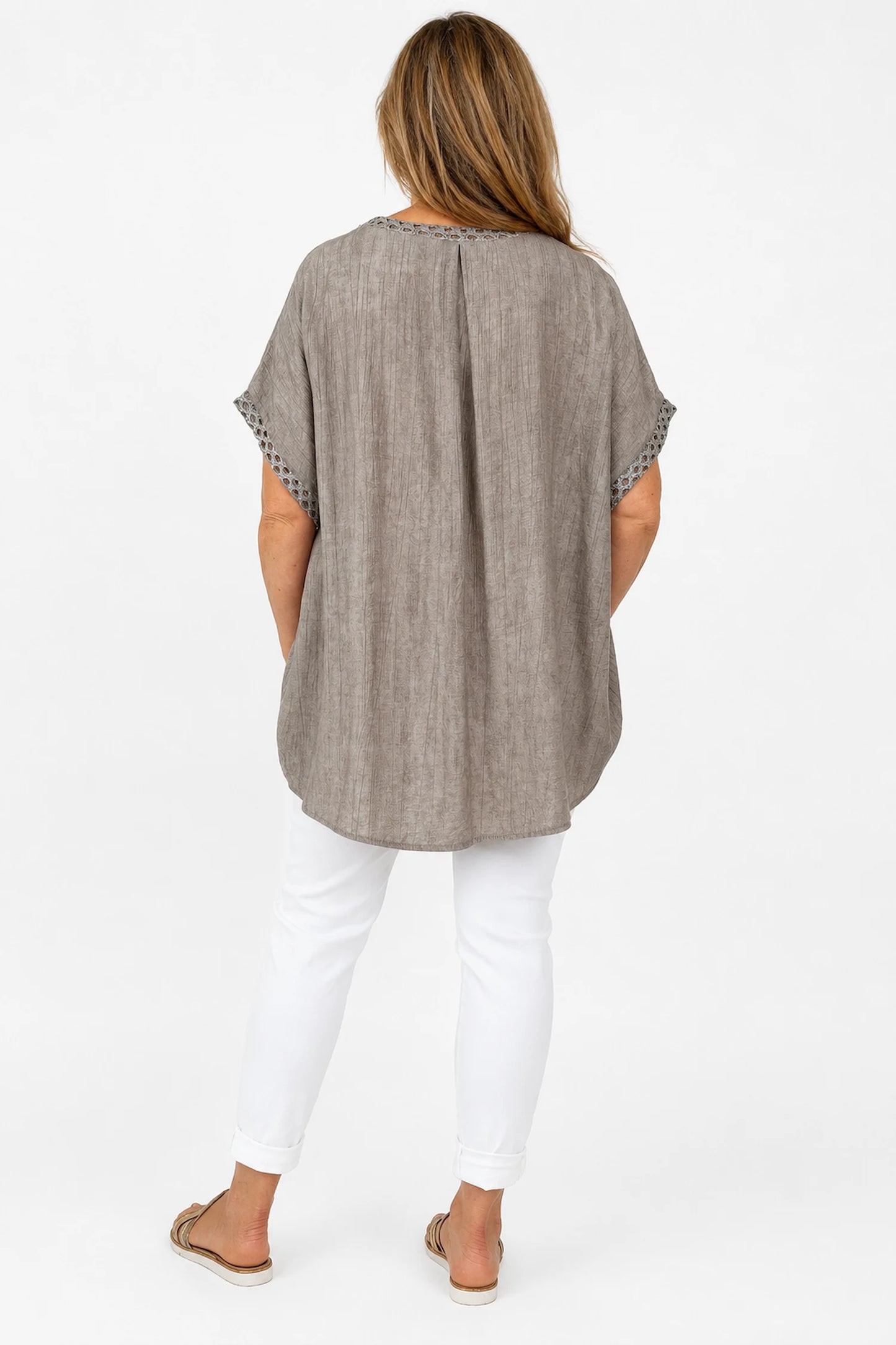 Crochet Lattice Trim Lightly Textured Marsi Top - Mocha