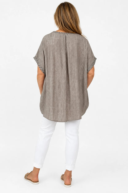 Crochet Lattice Trim Lightly Textured Marsi Top - Mocha