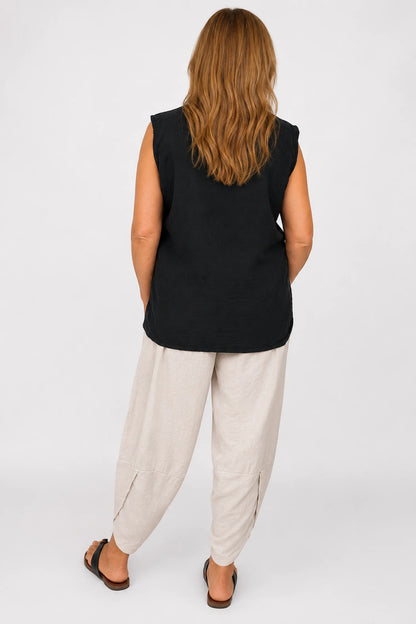 Embroidered Trim Carvela Sleeveless Top - Black