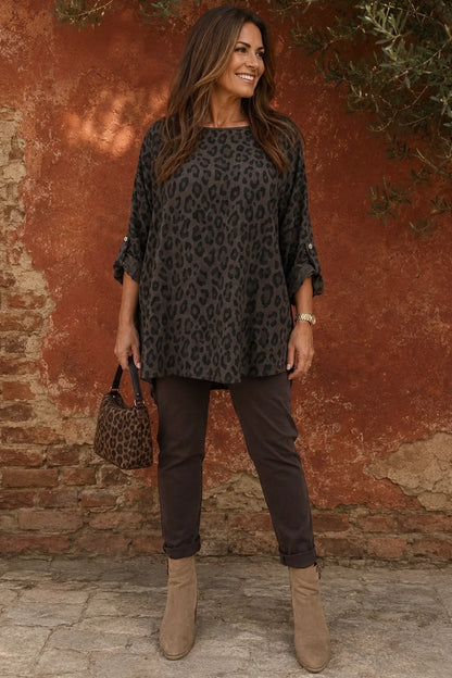 Button Sleeve Tatiana Leopard Top - Chocolate