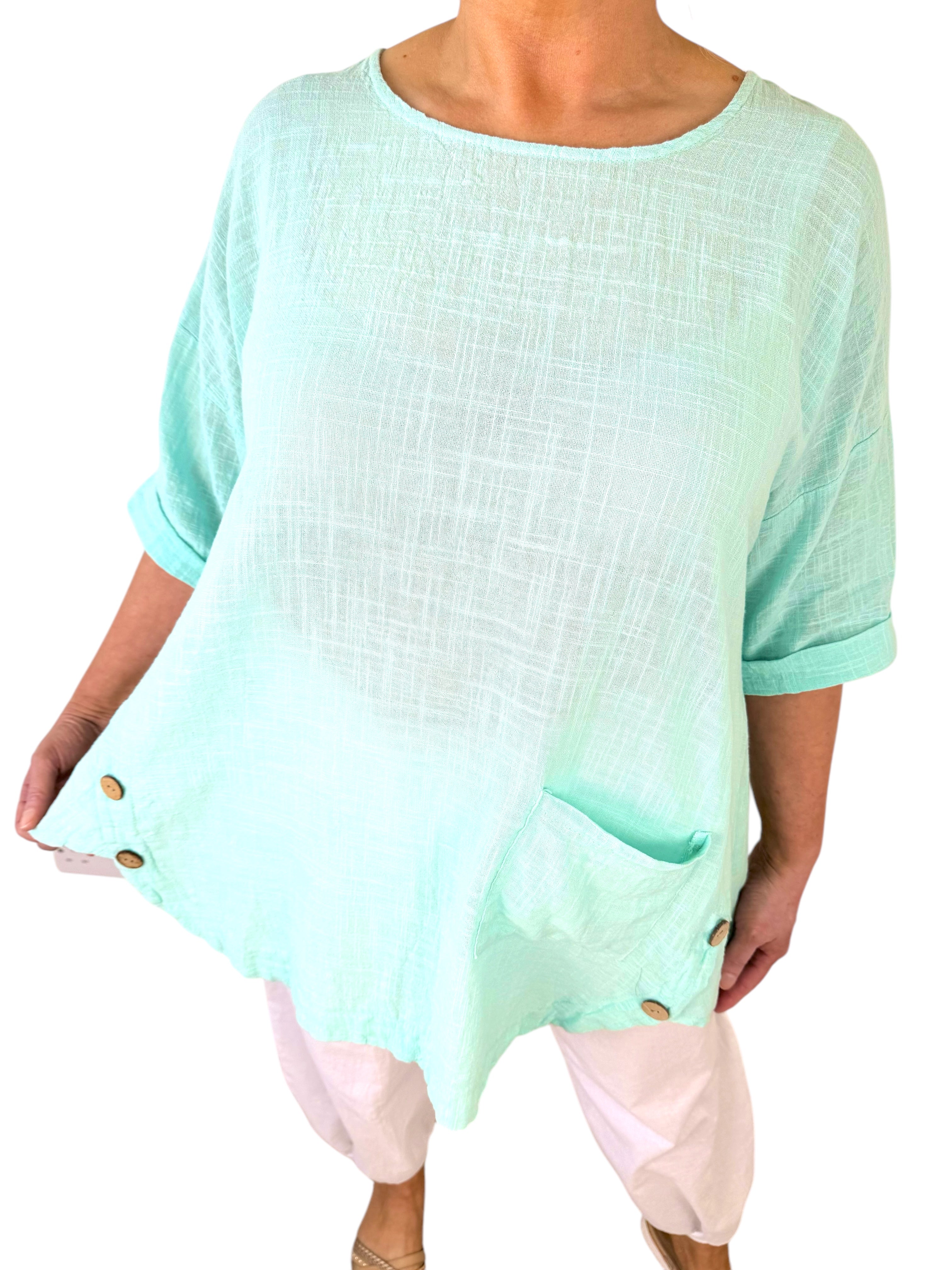 Pure Cotton Linen Look Button Detail Lilliana Pocket Top - Mint
