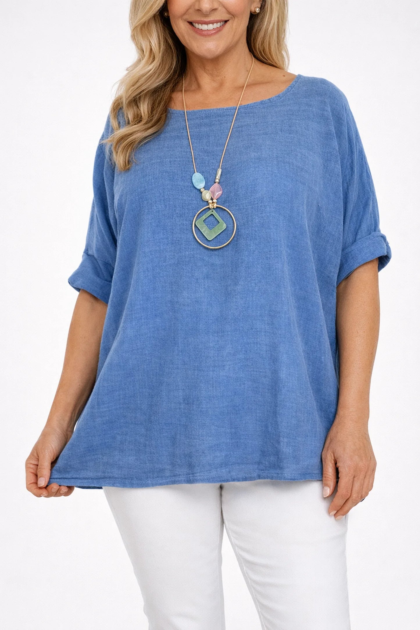 Linen Cotton Mix Azuria Necklace Top - Washed Denim