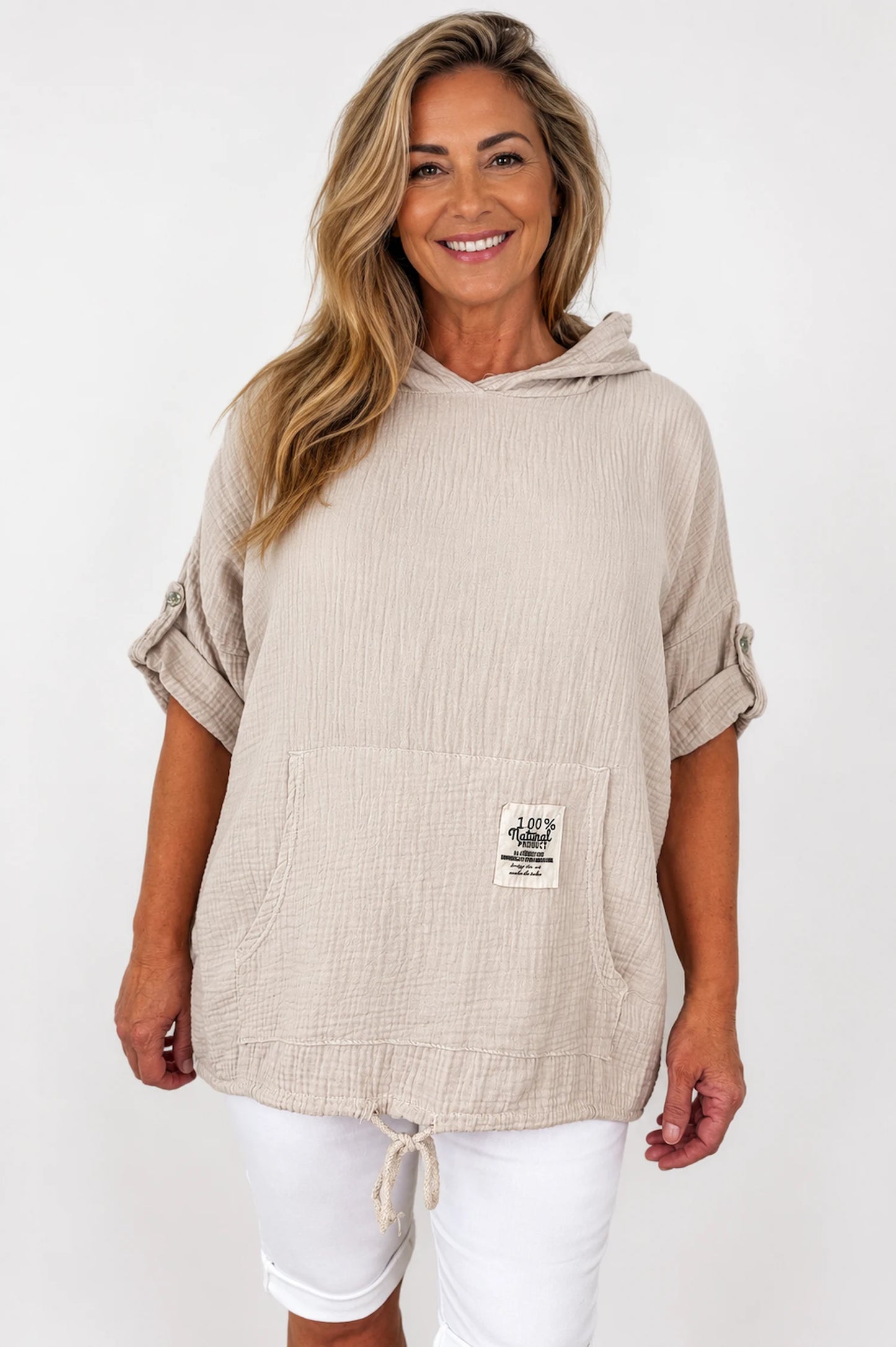 Pure Bubble Cotton Button Sleeve Badge Detail Pocketed Zara Hoodie - Beige