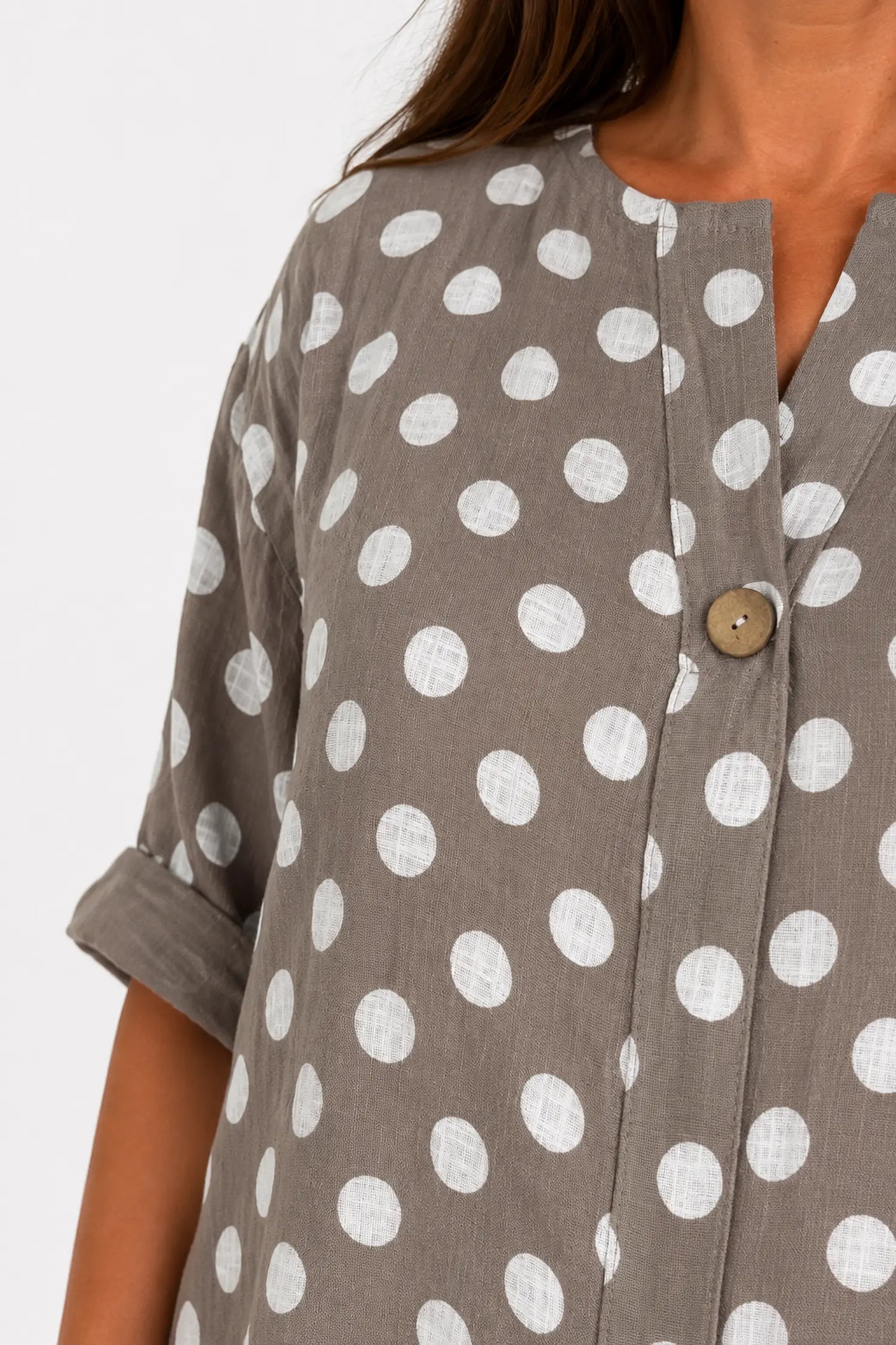 Pure Cotton Polka Dot Kara Button Shirt - Mocha