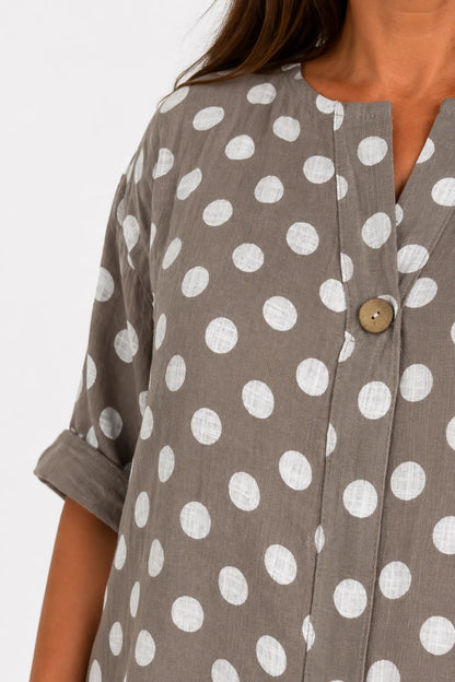Pure Cotton Polka Dot Kara Button Shirt - Mocha