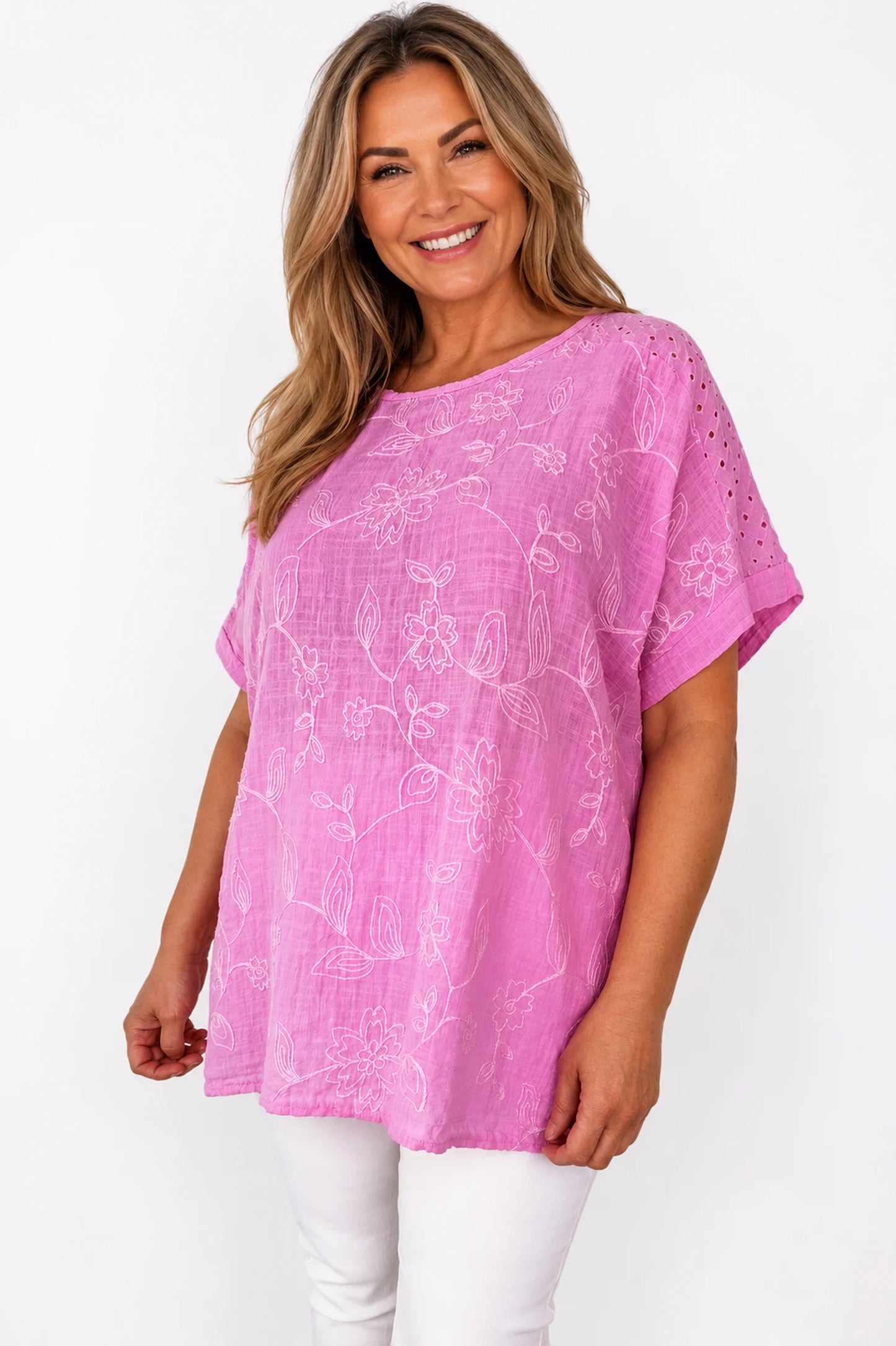 Pure Cotton Embroidery Anglaise Crochet Sleeve Devure Top - Lipstick Pink