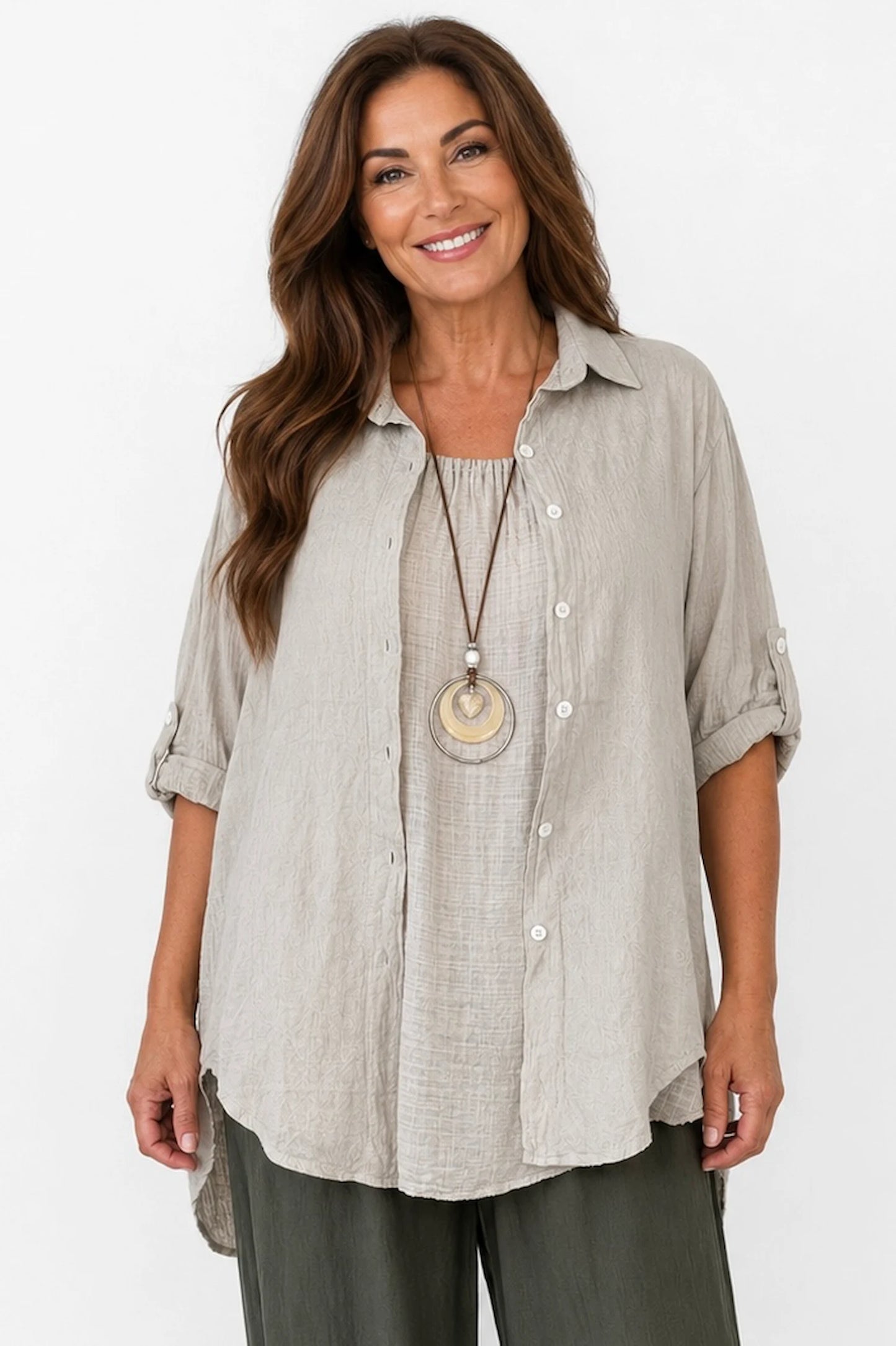 Pure Bubble Cotton Embroidery Anglaise Daphne Button Sleeve Shirt - Beige