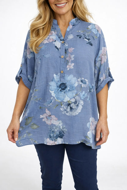 Pure Cotton Button Sleeve Julia Button Shirt - Denim