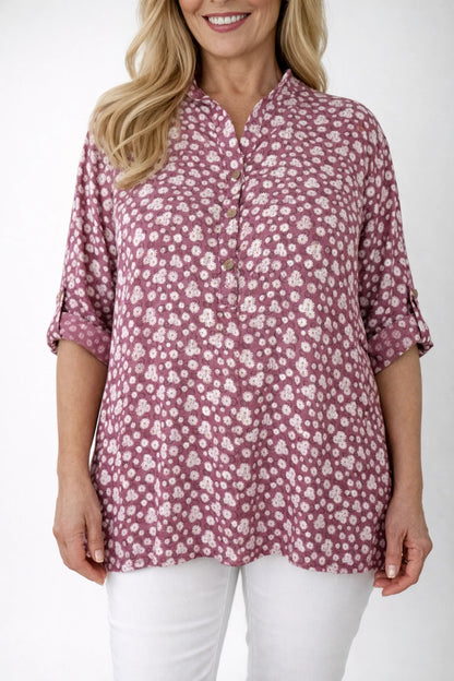 Linen Look Cotton Button Sleeve Daisy Button Shirt - Raspberry Ripple