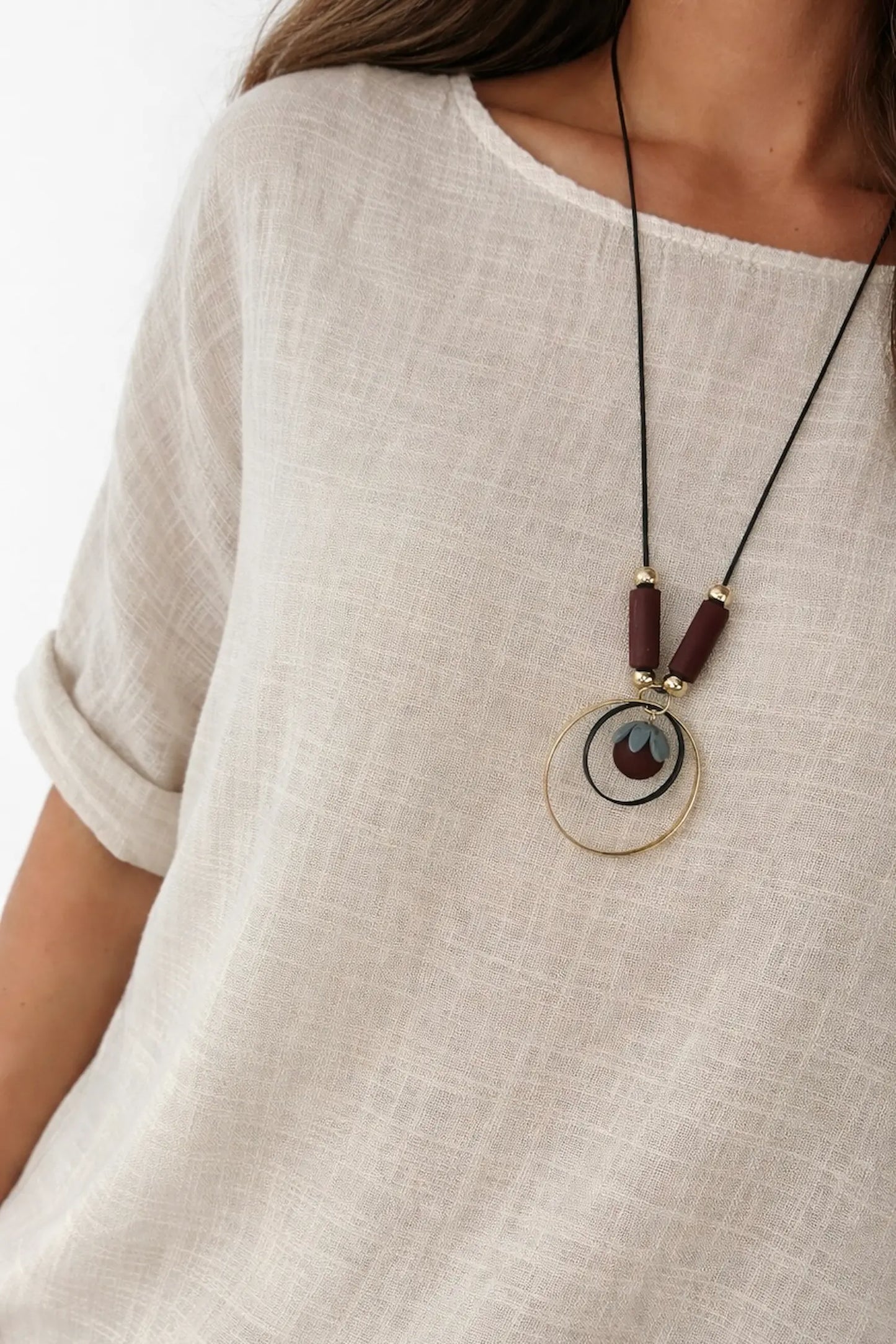 Pure Cotton Linen Look Italia Necklace Top - Stone