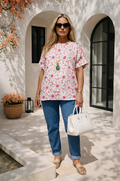 Pure Cotton Velina Floral Necklace Top - Deep Pink