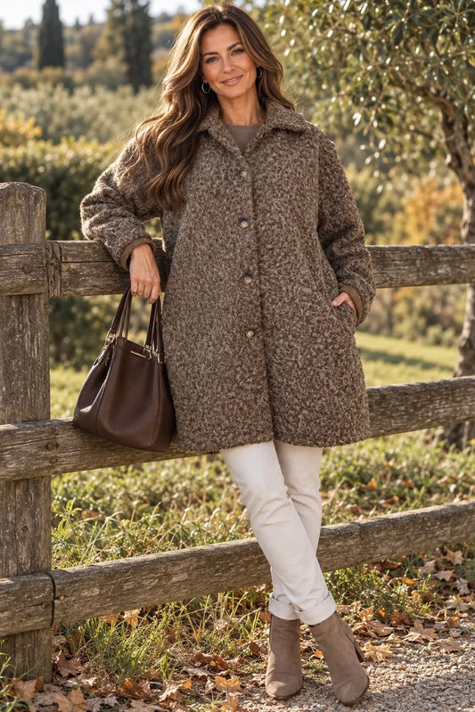 Wool Mix Brushed Double Pocket Arabella Button Coat - Chocolate