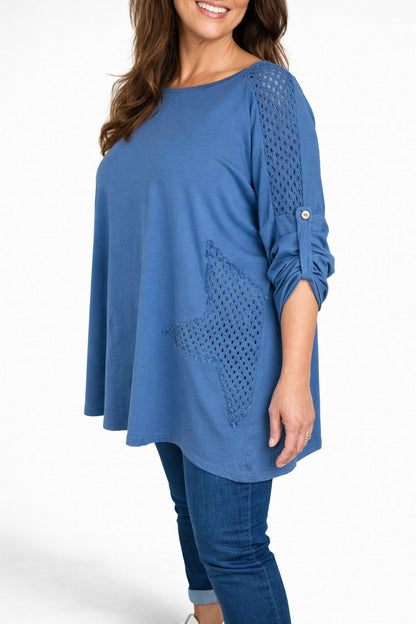 Cotton Crochet Detail Charmaine Button Sleeve Top - Denim
