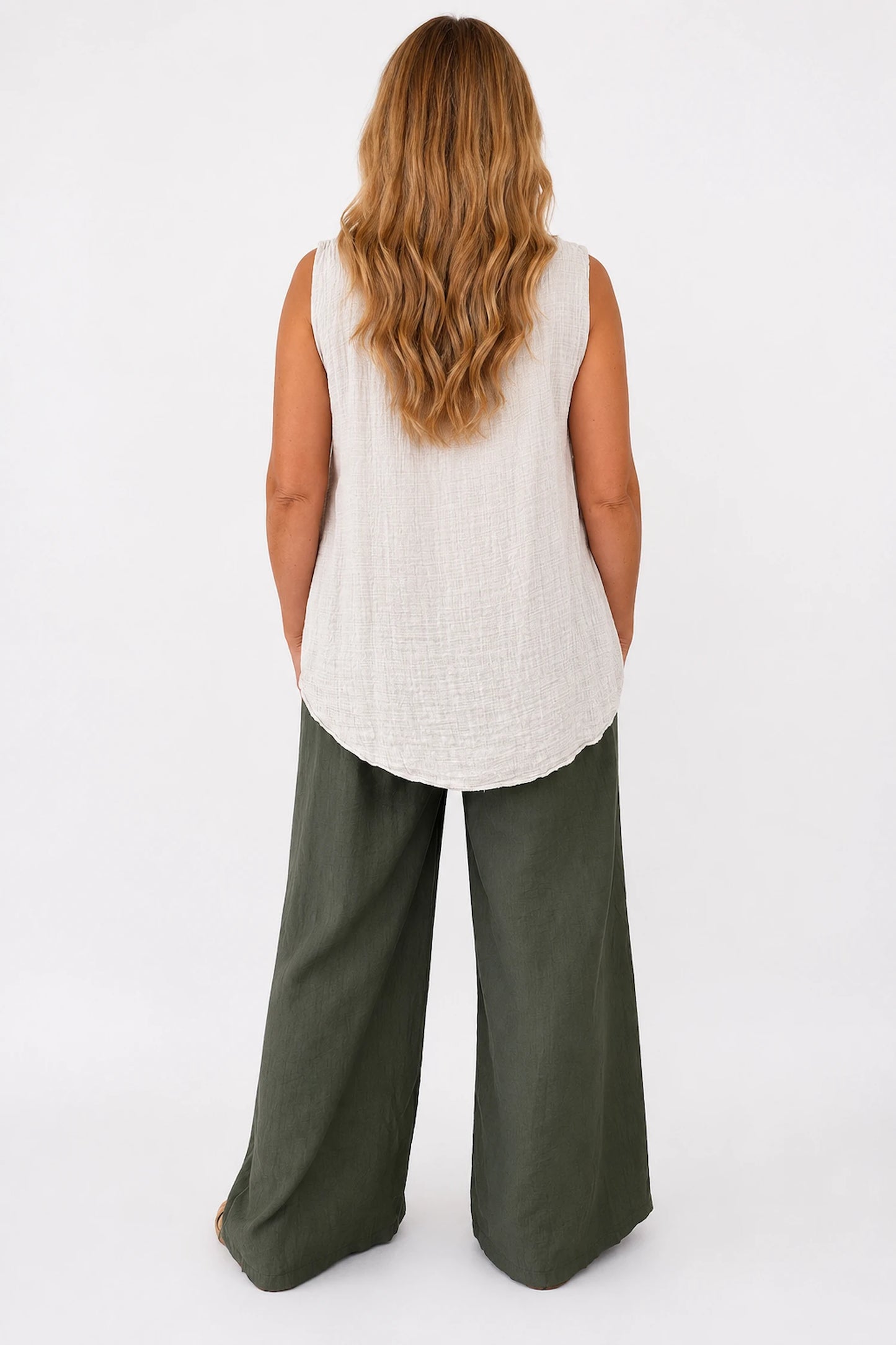 Elasticated Smocked Waist Patch Pocket Milan Wide Leg Pants - Khaki