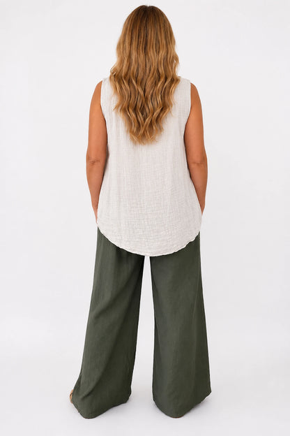 Elasticated Smocked Waist Patch Pocket Milan Wide Leg Pants - Khaki
