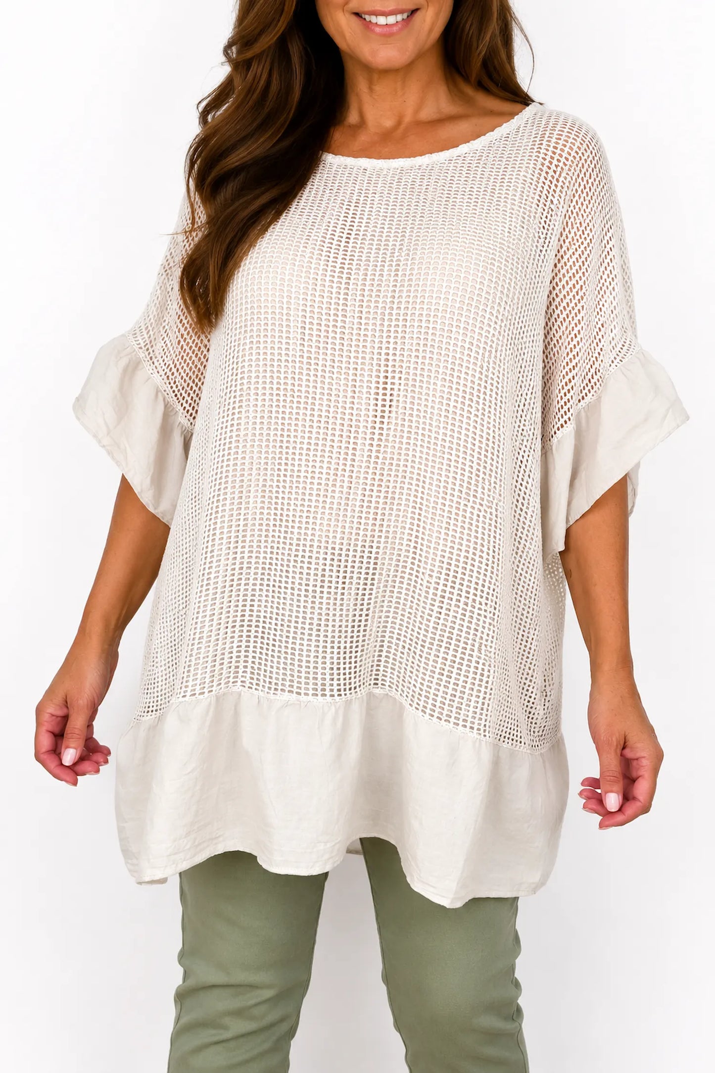 Amari Pure Cotton Frill Sleeve/Hem Mesh Top - Beige