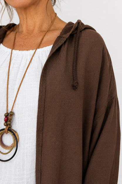 Drawstring Hem Lightweight Hooded Amirella Jacket - Chocolate