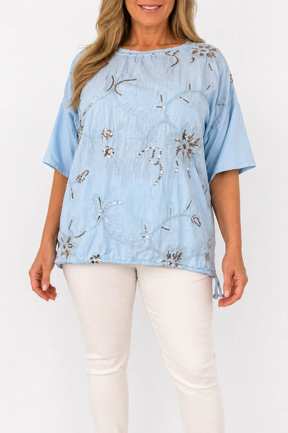 Pure Cotton Embroidery Anglaise Sequin Golden Sparkle Floral Tied Detail Rosa Top- Baby Blue