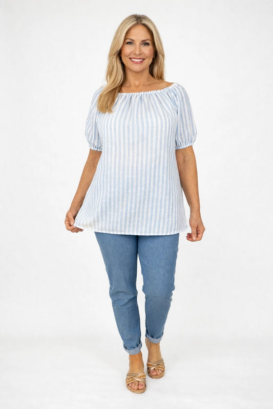 Candy Stripe Cotton Mix Elasticated Sleeve and Neckline Roxy Top - Light Denim