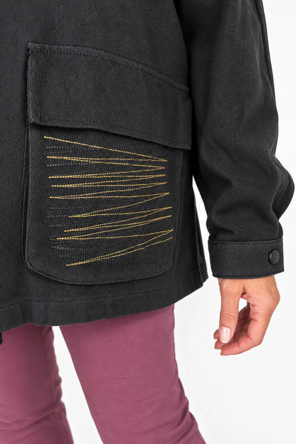 Pure Cotton Double Pocket Button Hooded Tiana Jacket - Black