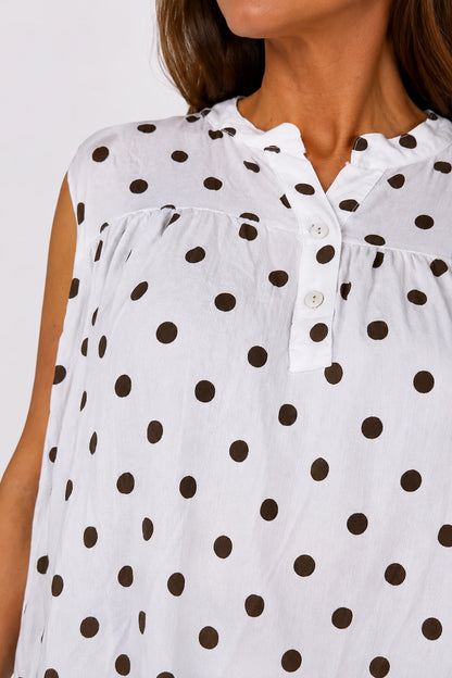 Polka Dot Valentina Button Cap Sleeve Top - White